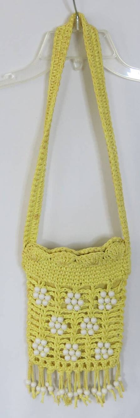 VINTAGE TALLY HO 1960s Macrame Bead Fringe Handbag Yellow Boho Hippie Festival